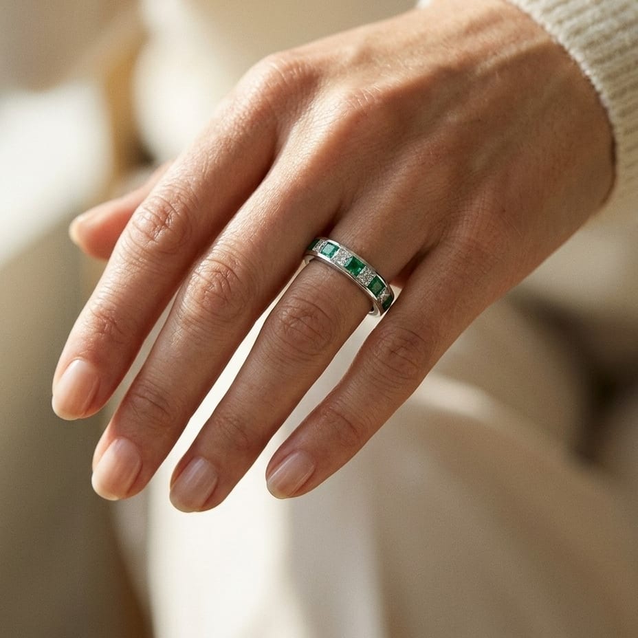 Emerald & Diamond Princess Cut Eternity Band in 14K White Gold - editorial