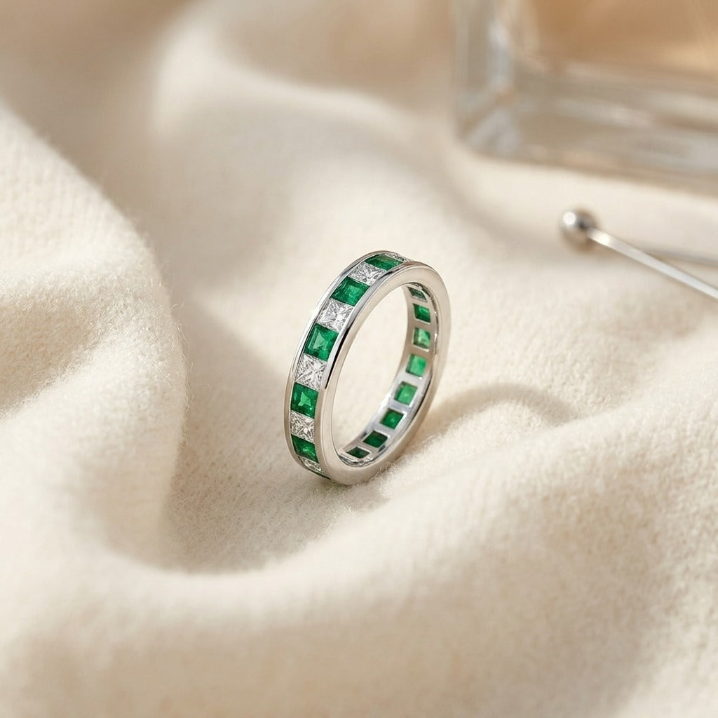 Emerald & Diamond Princess Cut Eternity Band in 14K White Gold - flat lay