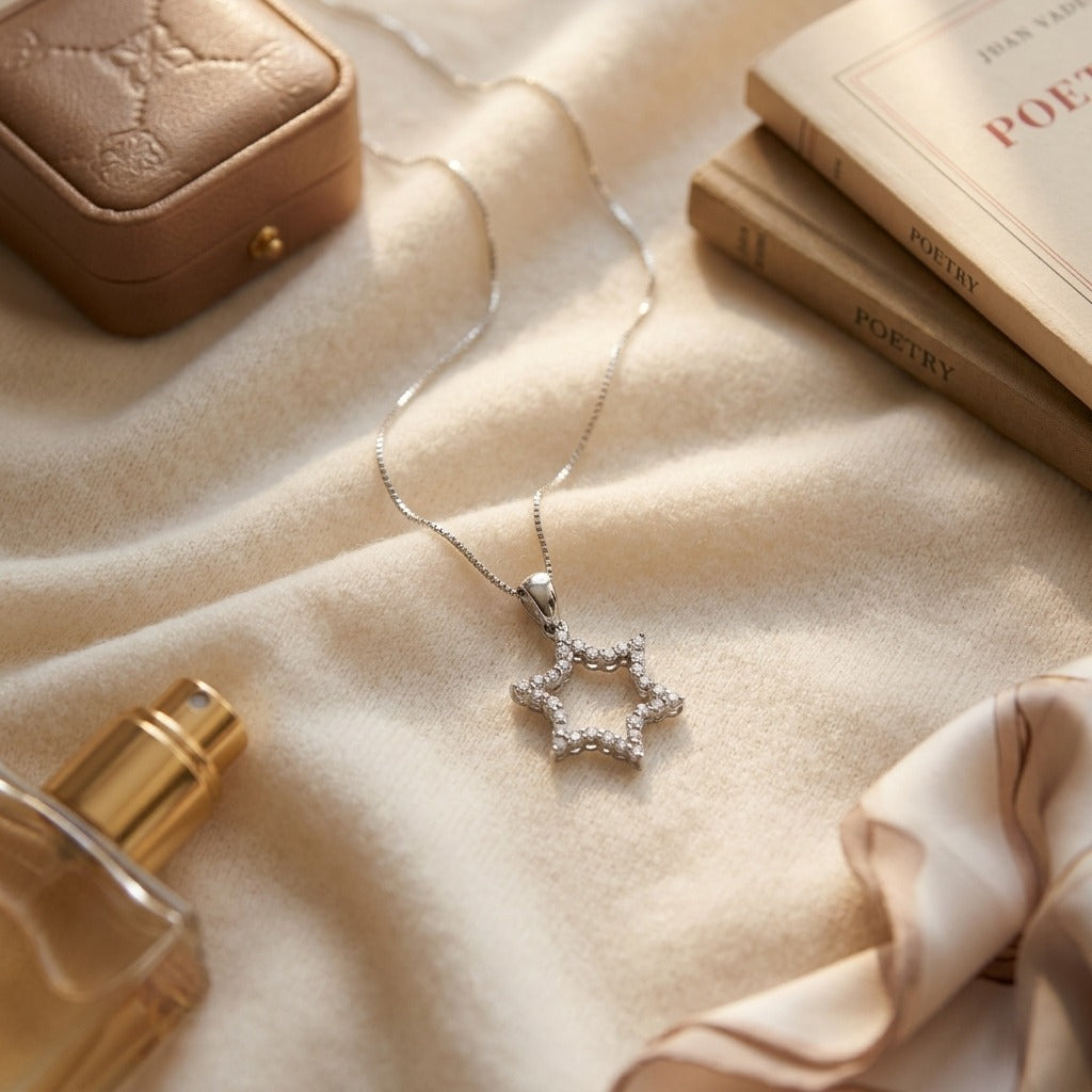 Diamond Star of David Pendant in 14K White Gold - flat lay