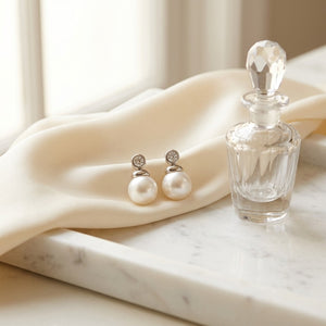 Pearl & Diamond Button Drop Earrings in 14K White Gold - lifestyle