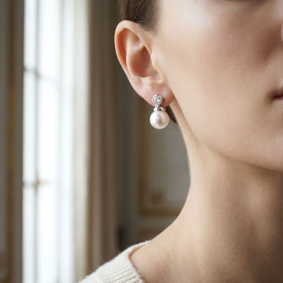 Pearl And Diamond Button Drop Earrings in 14K White Gold, worn close-up portrait