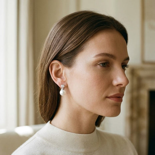 Pearl & Diamond Button Drop Earrings in 14K White Gold - editorial