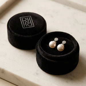 Pearl & Diamond Button Drop Earrings in 14K White Gold - presentation