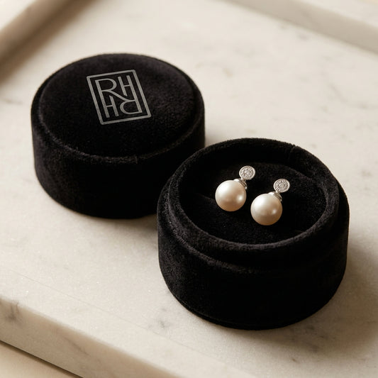 Pearl And Diamond Button Drop Earrings in 14K White Gold, in navy velvet jewelry box