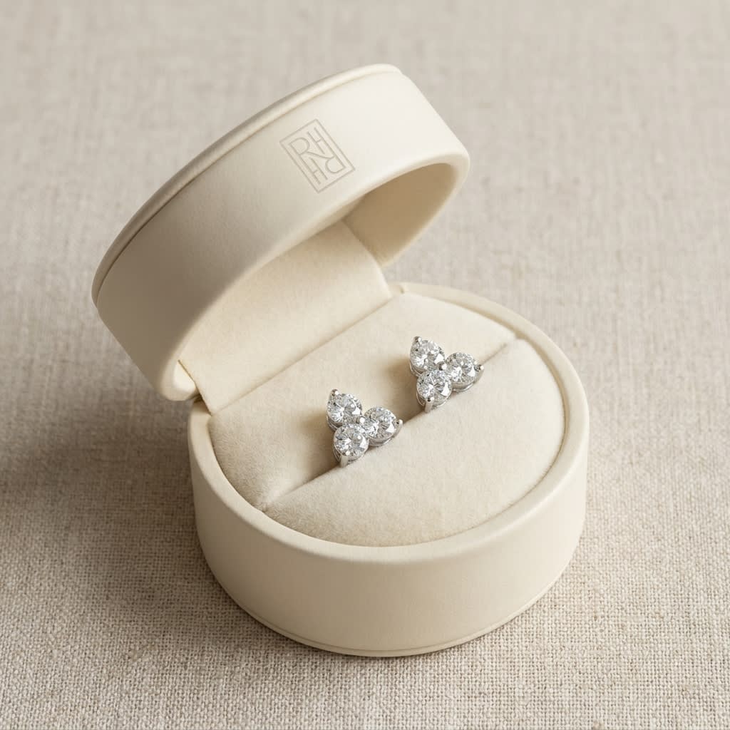 Diamond Flower Earring in 14K White Gold, in navy velvet jewelry box