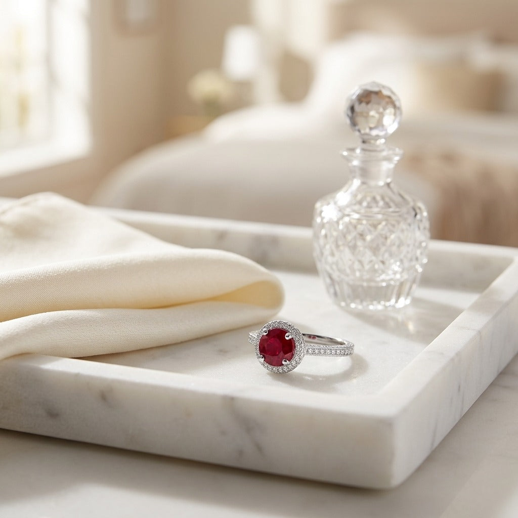 Ruby & Diamond Pave Halo Ring in 14K White Gold - lifestyle