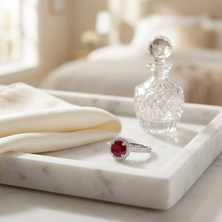 Ruby & Diamond Pave Halo Ring in 14K White Gold - lifestyle