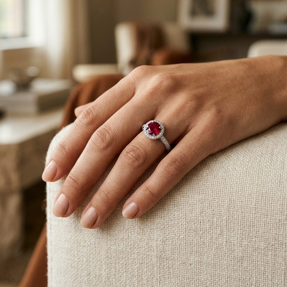Ruby & Diamond Pave Halo Ring in 14K White Gold - editorial