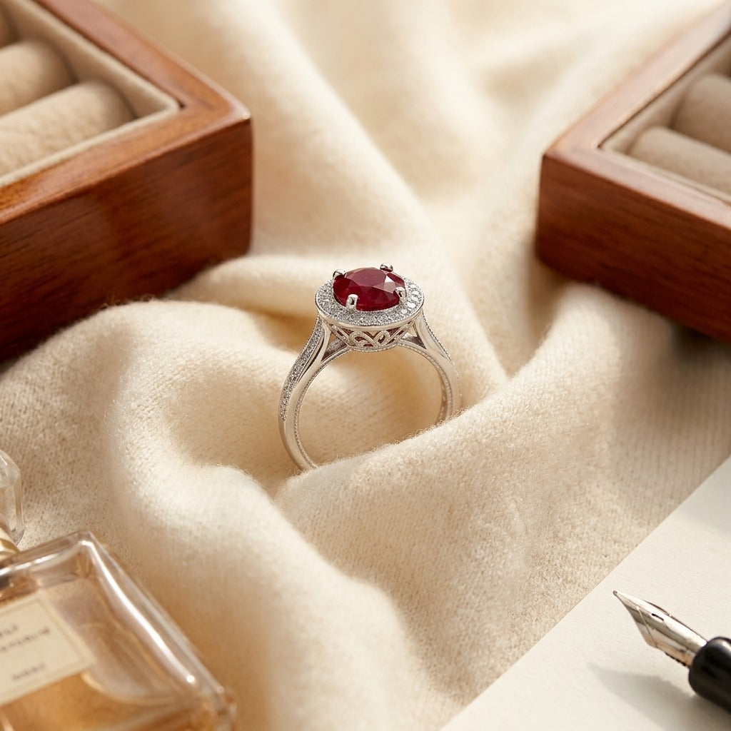 Ruby & Diamond Pave Halo Ring in 14K White Gold - flat lay