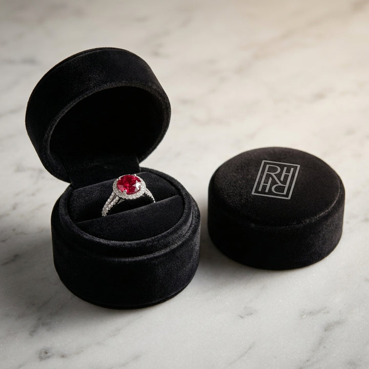 Ruby & Diamond Pave Halo Ring in 14K White Gold - presentation