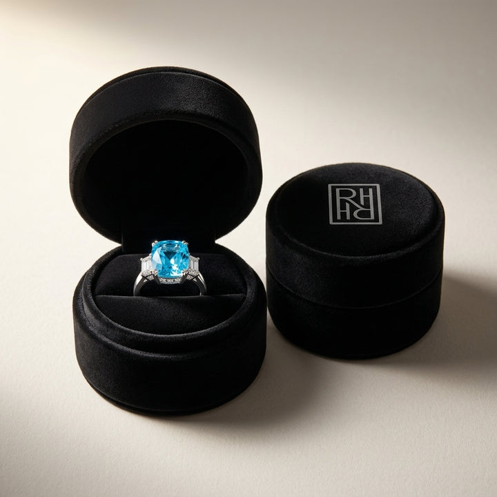Swiss Blue Topaz & Diamond Step Ring 0.03ctw in 14K White Gold - presentation