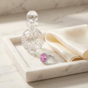Oval Pink Sapphire & Diamond Halo Ring in 14K White Gold - lifestyle