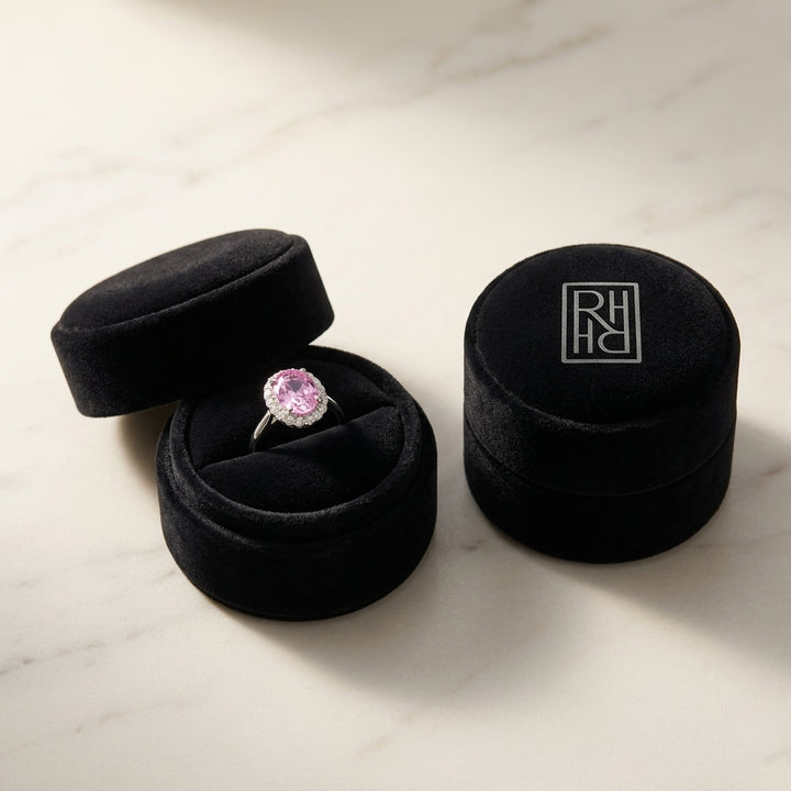 Oval Pink Sapphire & Diamond Halo Ring in 14K White Gold - presentation