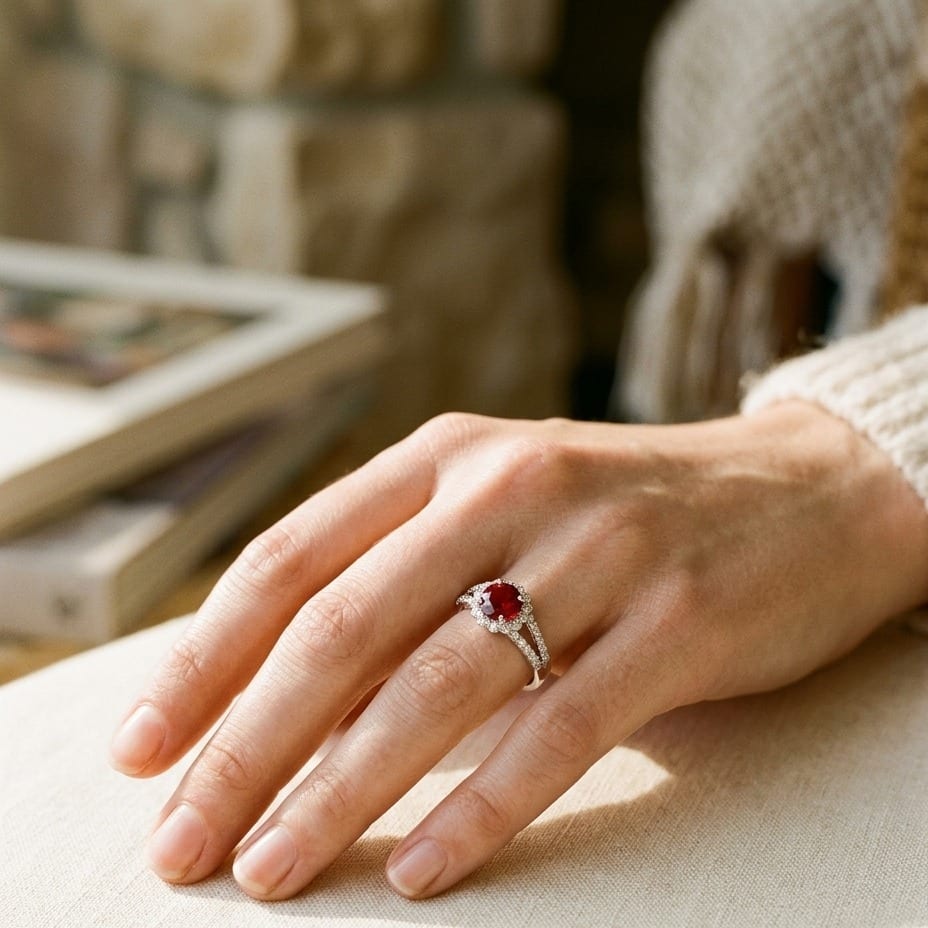 Ruby & Diamond Split Shank Flower Ring in 14K White Gold - editorial