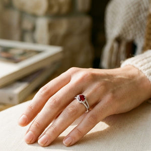 Ruby & Diamond Split Shank Flower Ring in 14K White Gold - editorial