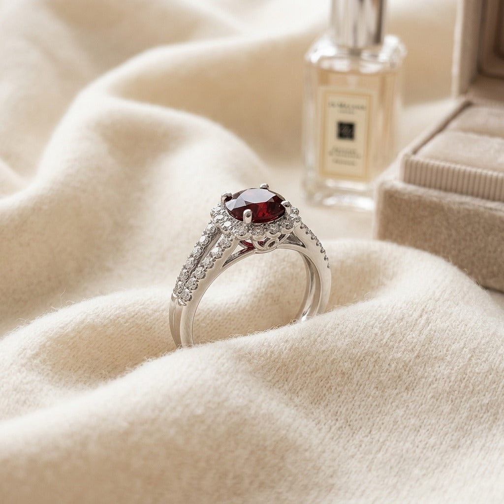 Ruby & Diamond Split Shank Flower Ring in 14K White Gold - flat lay