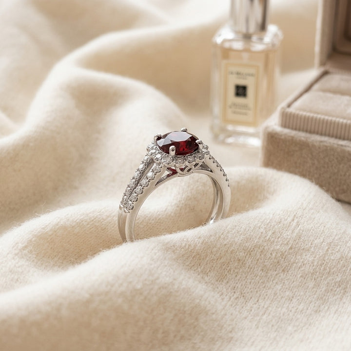 Ruby & Diamond Split Shank Flower Ring in 14K White Gold - flat lay