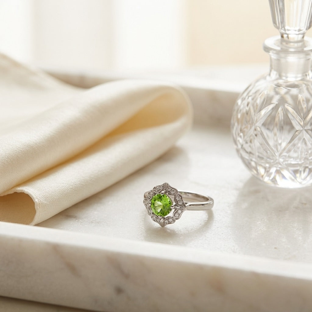Peridot & Diamond Flower Ring in 14K White Gold - lifestyle