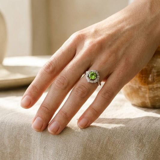 Peridot & Diamond Flower Ring in 14K White Gold - editorial