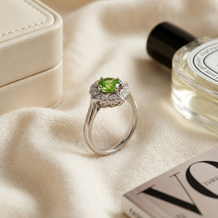 Peridot & Diamond Flower Ring in 14K White Gold - flat lay