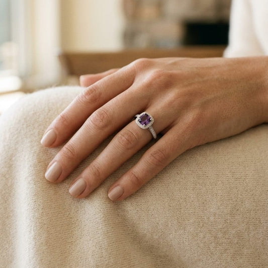 Amethyst & Diamond Halo Ring 0.20ctw in 14K White Gold - editorial