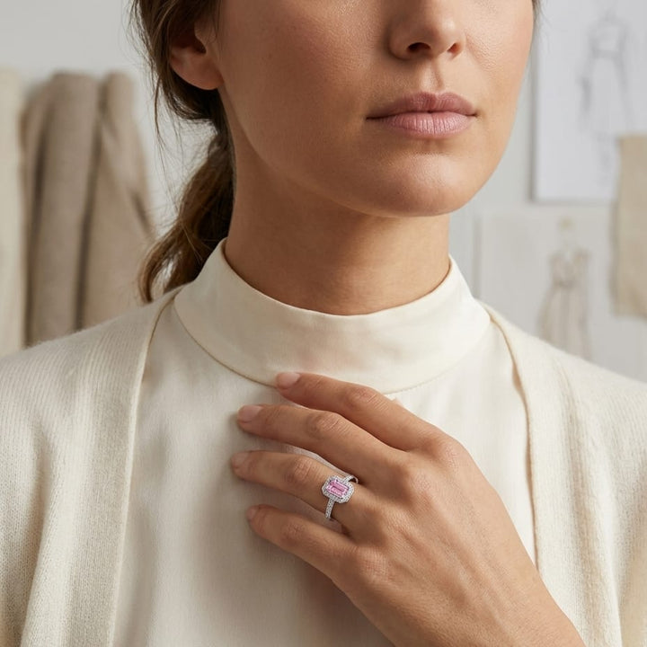 Pink Sapphire & Diamond Halo Ring in 14K White Gold - editorial