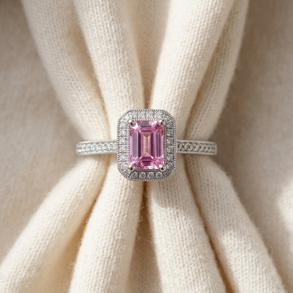 Pink Sapphire & Diamond Halo Ring in 14K White Gold - flat lay