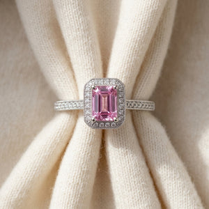 Pink Sapphire & Diamond Halo Ring in 14K White Gold - flat lay