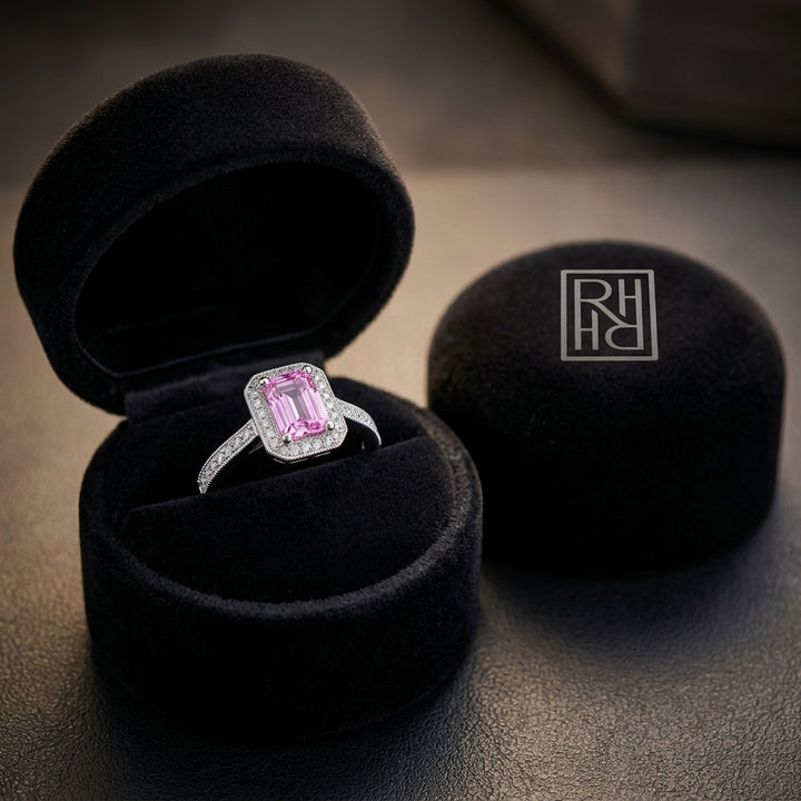 Pink Sapphire & Diamond Halo Ring in 14K White Gold - presentation