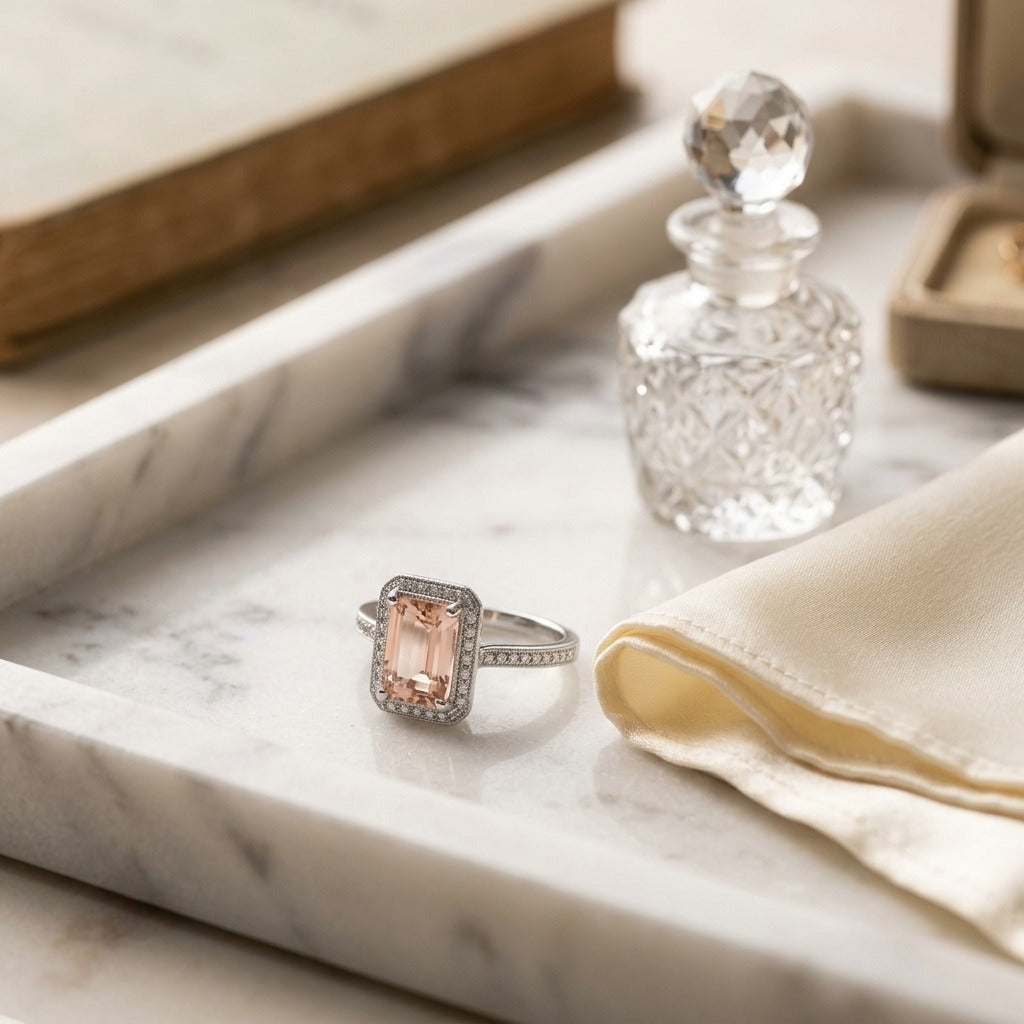 Emerald Cut Morganite & Diamond Halo Ring in 14K White Gold - lifestyle