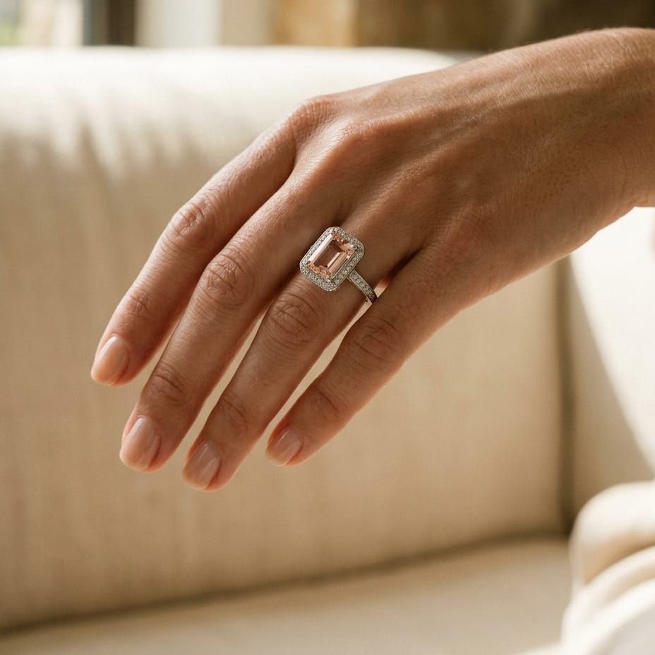 Emerald Cut Morganite & Diamond Halo Ring in 14K White Gold - editorial