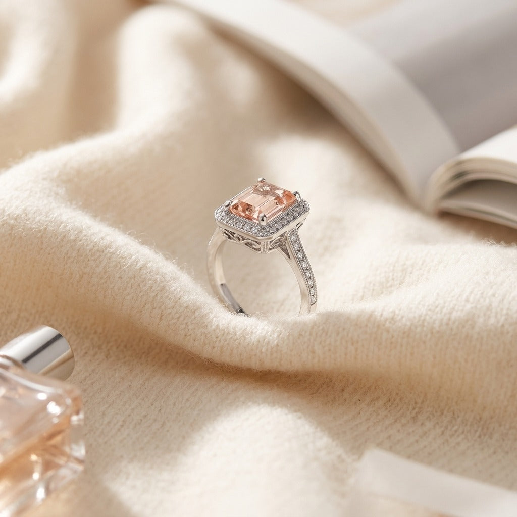 Emerald Cut Morganite & Diamond Halo Ring in 14K White Gold - flat lay