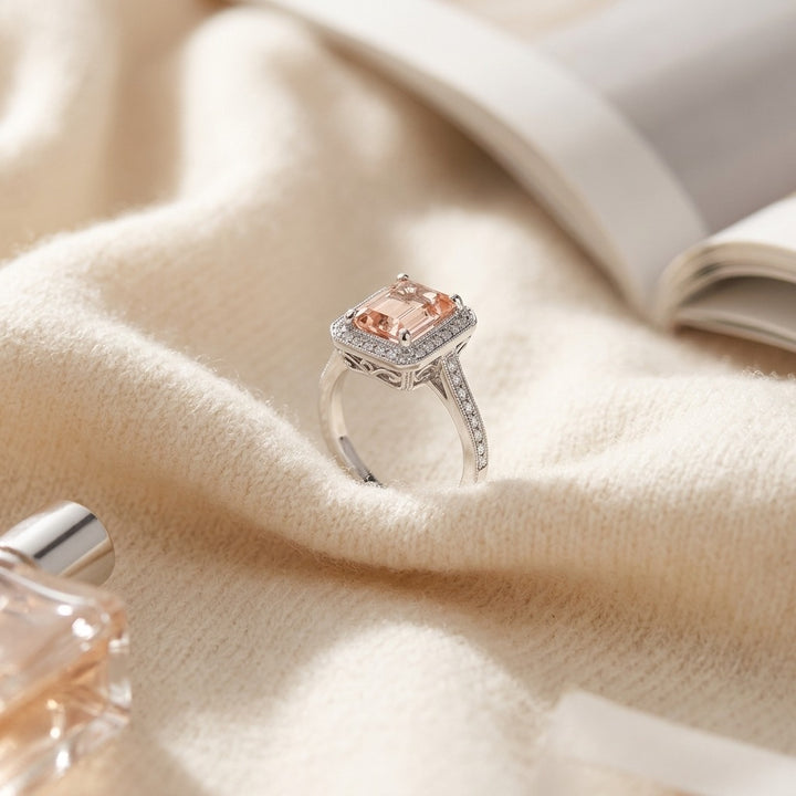 Emerald Cut Morganite & Diamond Halo Ring in 14K White Gold - flat lay