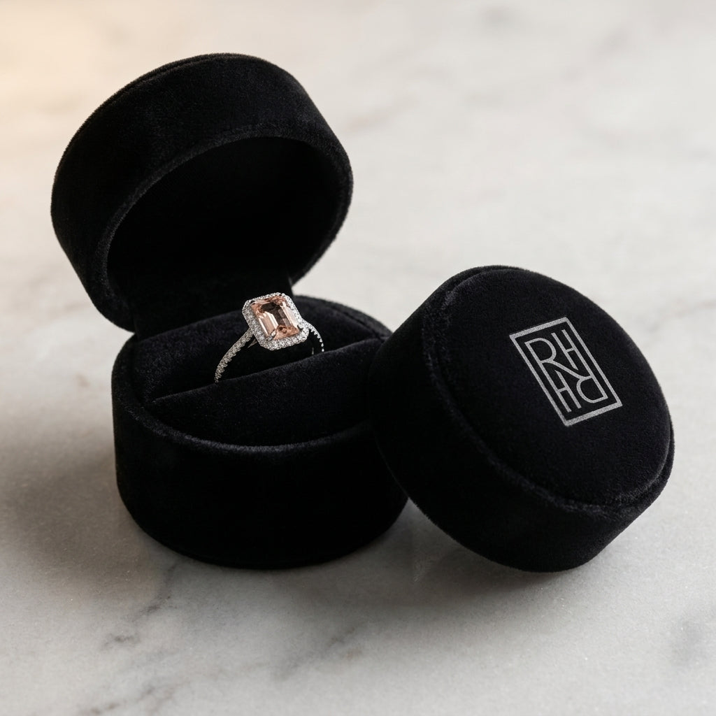 Emerald Cut Morganite & Diamond Halo Ring in 14K White Gold - presentation