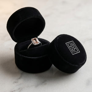 Emerald Cut Morganite & Diamond Halo Ring in 14K White Gold - presentation