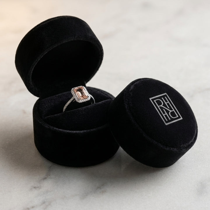 Emerald Cut Morganite & Diamond Halo Ring in 14K White Gold - presentation
