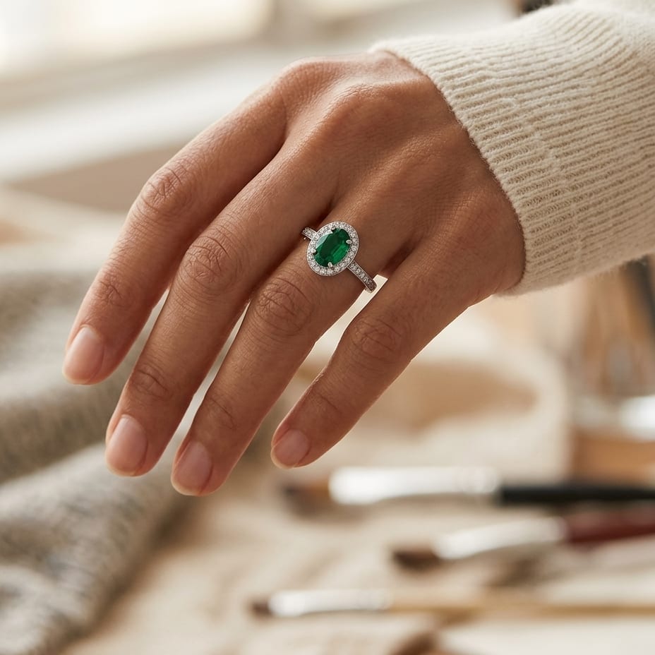 Emerald & Diamond Halo Ring in 14K White Gold - editorial