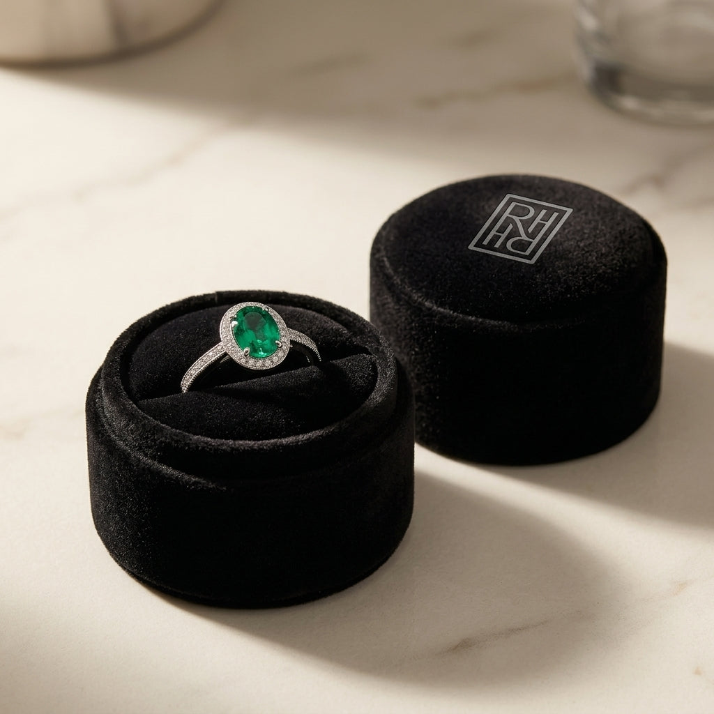 Emerald & Diamond Halo Ring in 14K White Gold - presentation