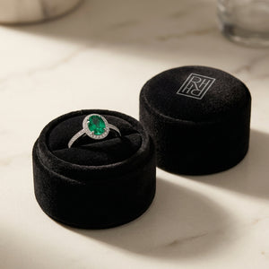 Emerald & Diamond Halo Ring in 14K White Gold - presentation