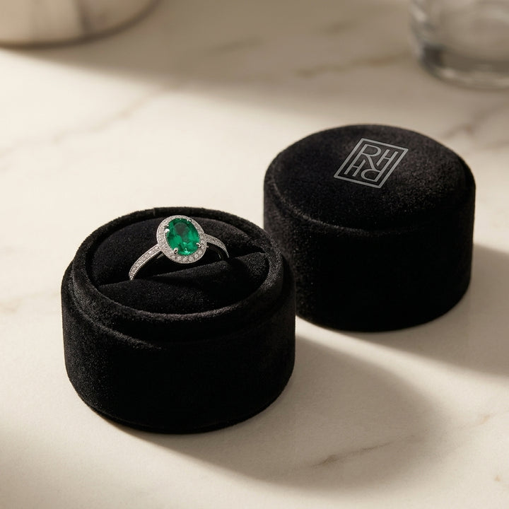 Emerald & Diamond Halo Ring in 14K White Gold - presentation