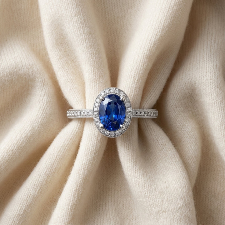 Sapphire Oval & Diamond Ring in 14K White Gold - flat lay