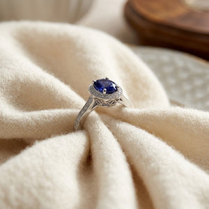 Iolite & Diamond Oval Halo Ring in 14K White Gold - flat lay