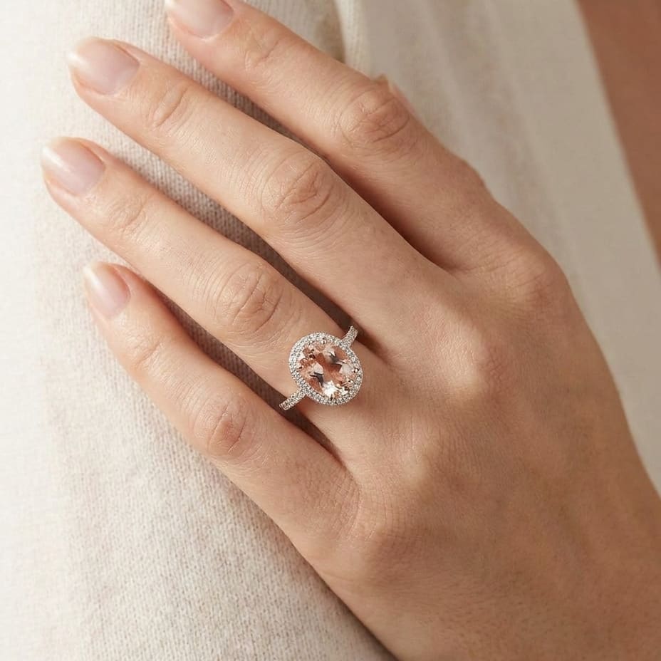 Oval Morganite and Diamond Halo Ring in 14K White Gold, 1.10ct, worn on hand, close-up