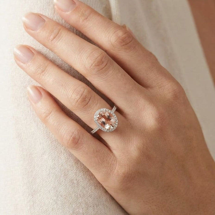 Oval Morganite and Diamond Halo Ring in 14K White Gold, 1.10ct, worn on hand, close-up