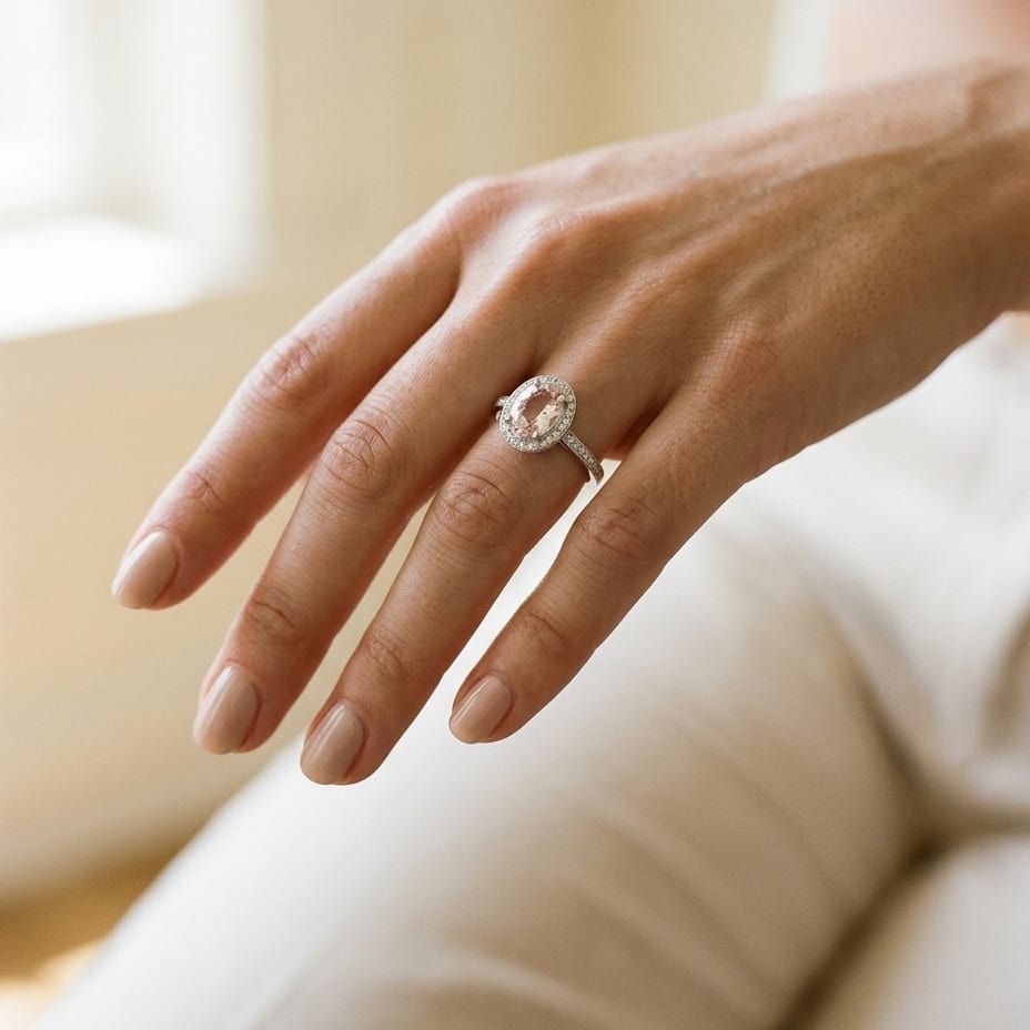 Morganite & Diamond Oval Halo Ring in 14K White Gold - lifestyle