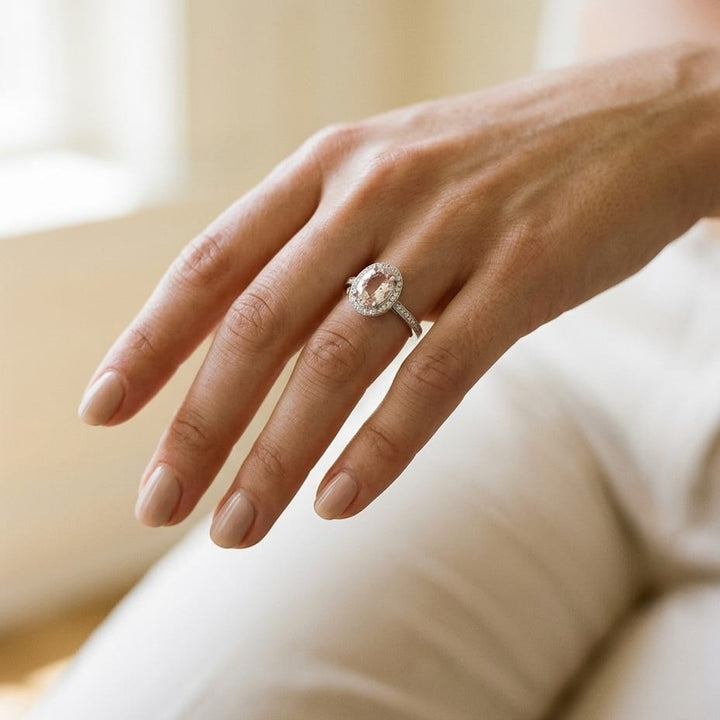 Morganite & Diamond Oval Halo Ring in 14K White Gold - lifestyle
