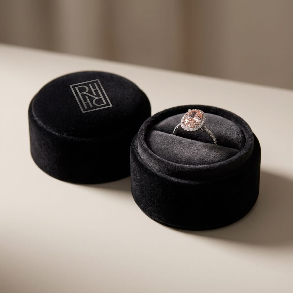 Oval Morganite and Diamond Halo Ring in 14K White Gold, 1.10ct, in navy velvet jewelry box