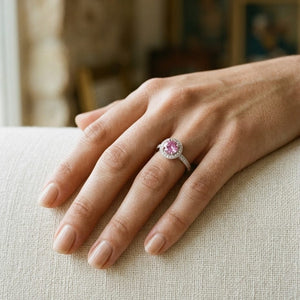 Pink Sapphire & Diamond Halo Ring in 14K White Gold - lifestyle
