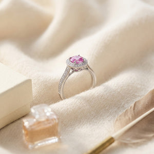 Pink Sapphire & Diamond Halo Ring in 14K White Gold - flat lay