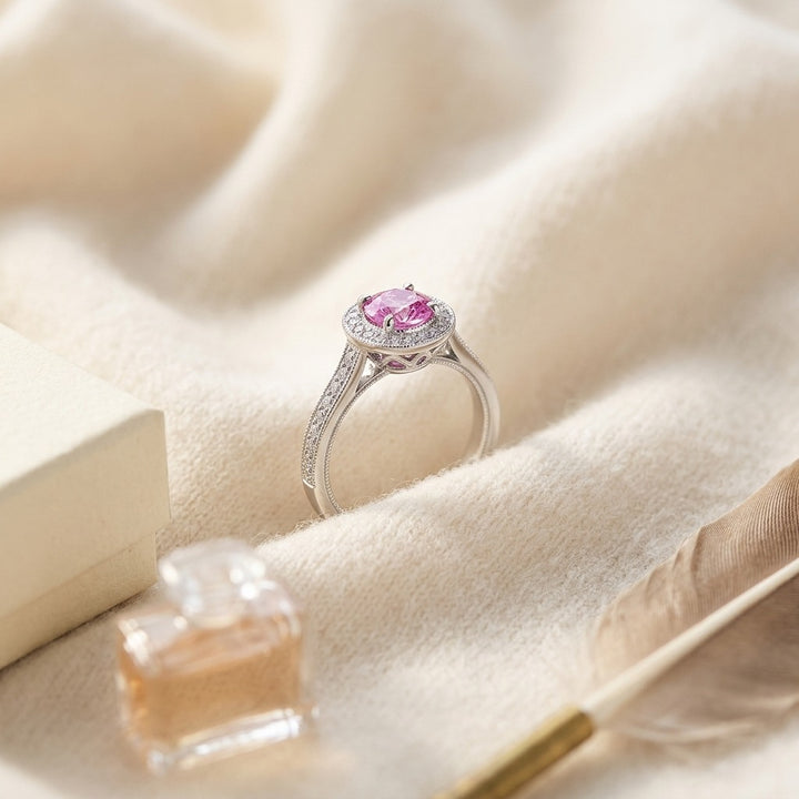 Pink Sapphire & Diamond Halo Ring in 14K White Gold - flat lay